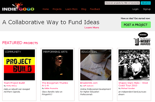 Crowdfunding example screenshot - Indiegogo.com