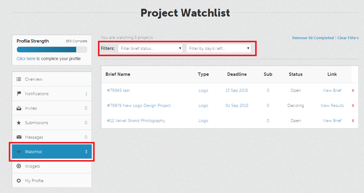 How to delete a project from watchlist